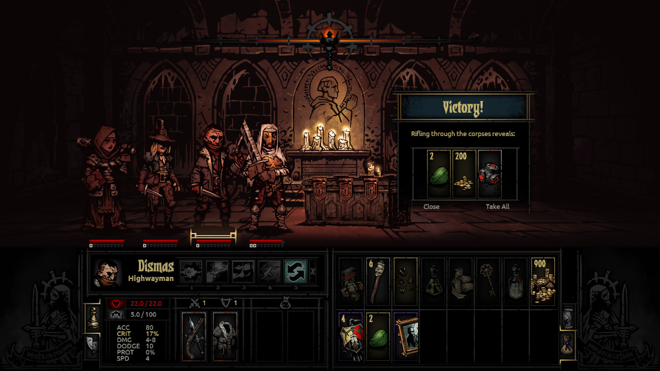 An example of a victorious party in Darkest Dungeon, stressing the need to pick your team correctly.
