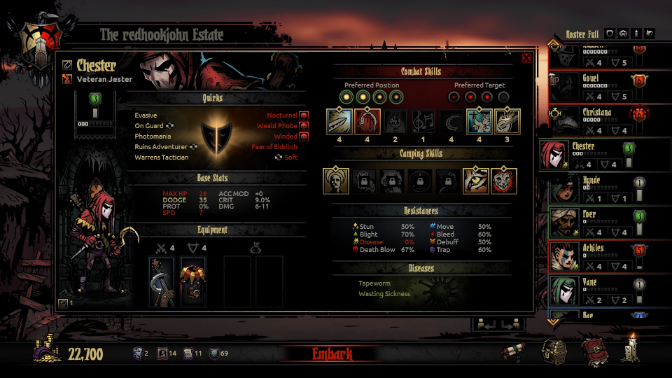 An example of the 'Jester' class of Darkest Dungeon, highlighting the versatility of character classes in this game.