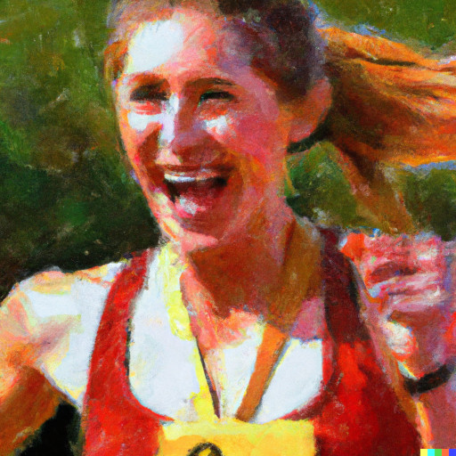 A happy runner finishing a race while smiling. This image was generated using DALL·E 2. It encapsulates the happiness everyone of us feels when finishing something that we started. Remember: it&rsquo;s a marathon, not a sprint!