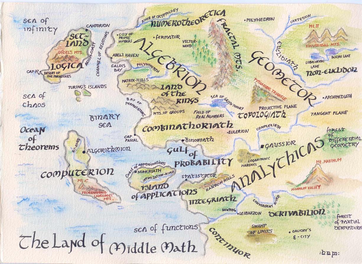 A map of the fictitious land of 'Middle Math', by Franka Miriam Brückler