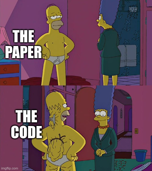 Homer Simpson looking good from the front but dishevelled from the back, representing a paper and its corresponding code