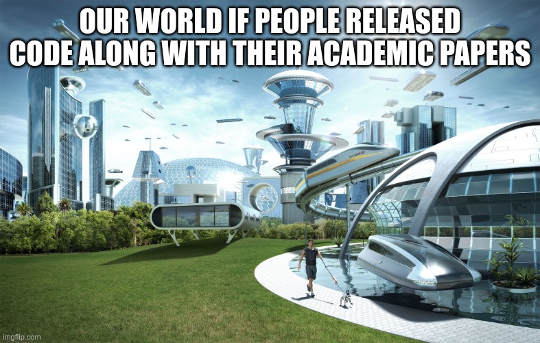 A futuristic utopia indicating that the world could be so much better if people released their code all the time.